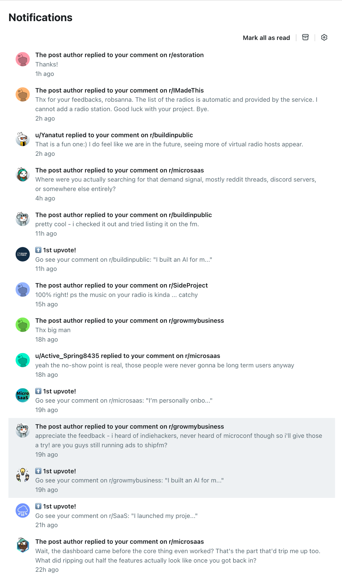 Reddit notifications feed full of replies and upvotes to Radar-drafted comments