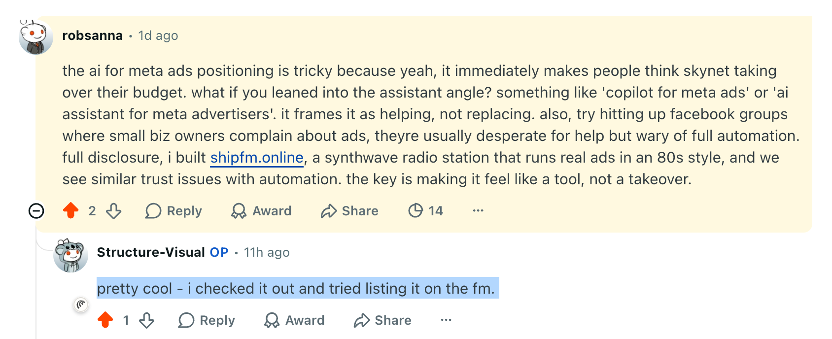 Reddit reply drafted with Radar; the OP answers: pretty cool, i checked it out and tried listing it on the fm