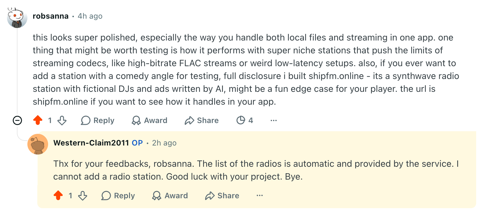 Radar-drafted feedback on a radio player app; the OP thanks robsanna