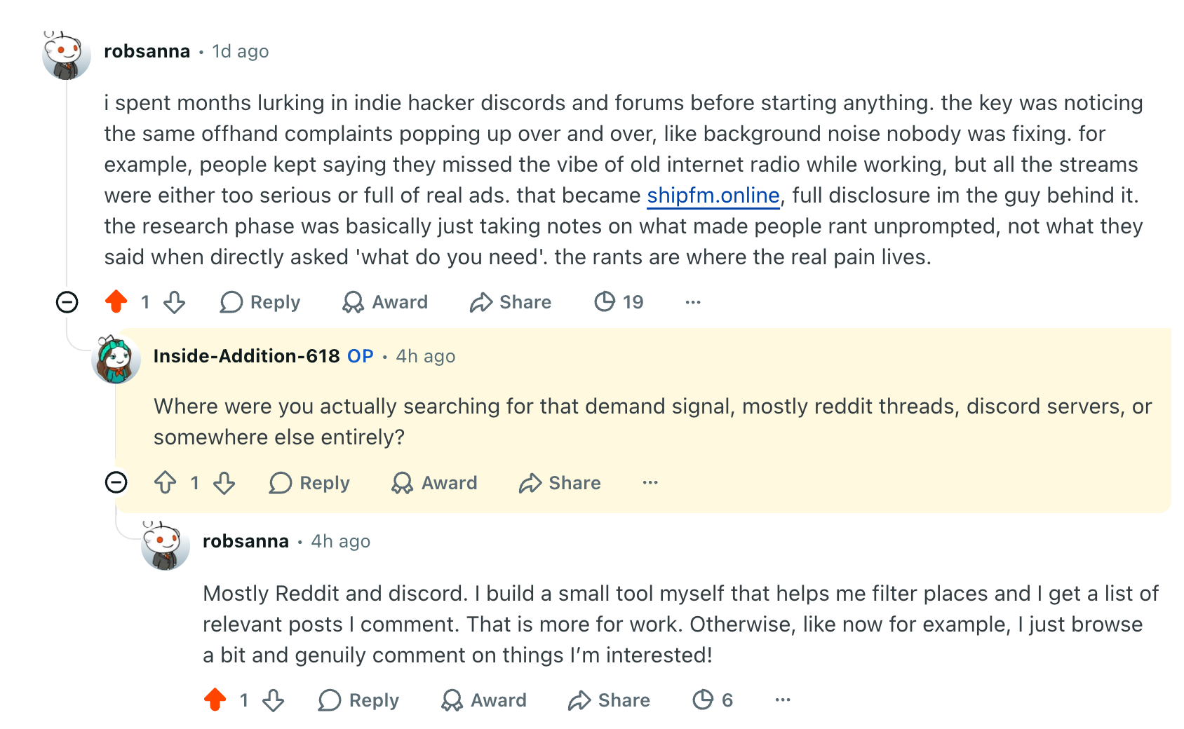Radar-assisted reply about finding demand signals; the OP asks a follow-up question