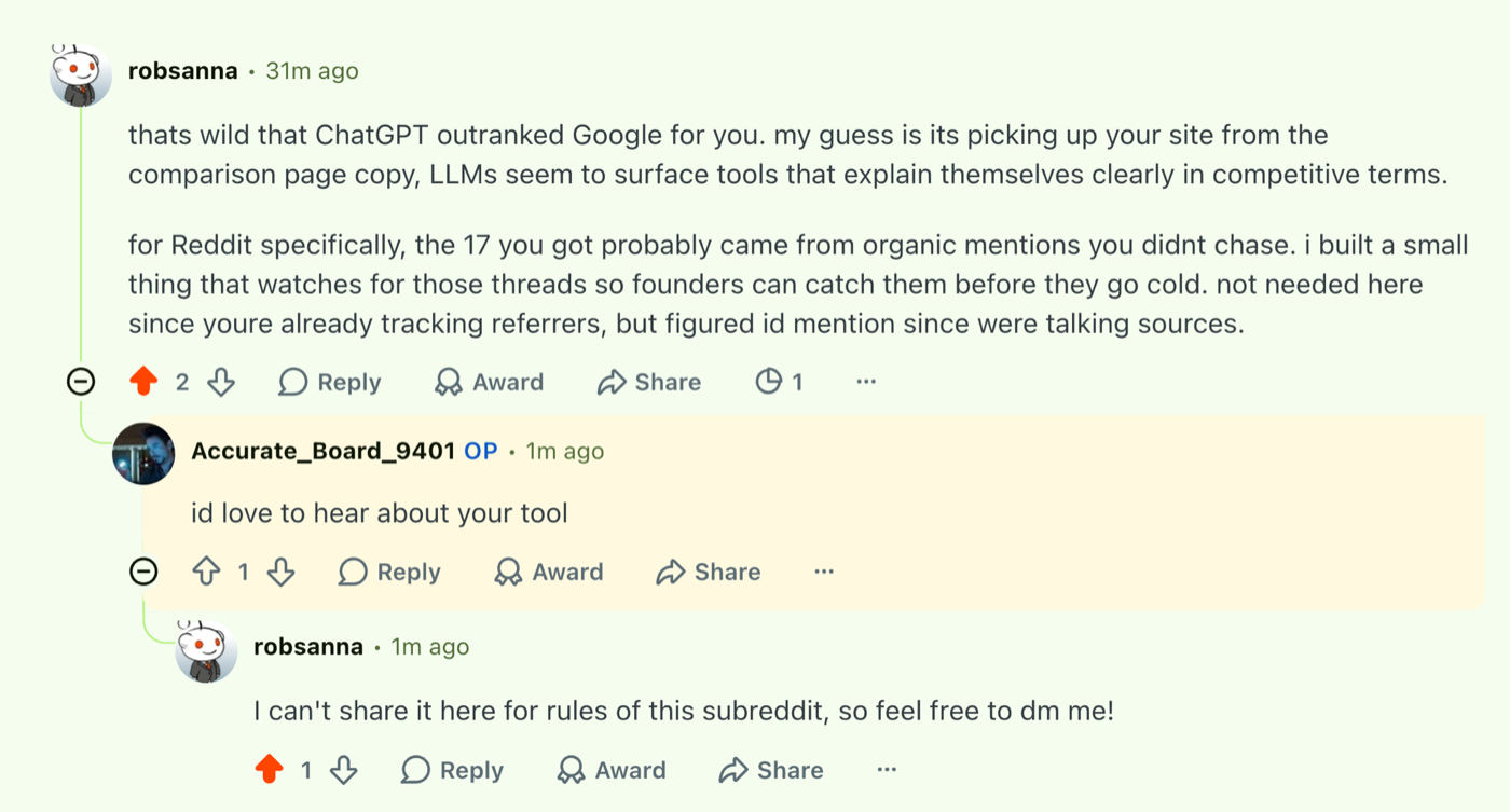 Radar: a help-first reply about where organic Reddit mentions come from. The OP replied id love to hear about your tool, and the sub rules meant the link went by DM